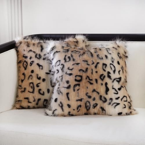 inchgrass Fell Kissenbezüge 45.7x45.7 cm - Luxuriös Flauschiges 2er Set für Sofa & Bett, Super weiche dekorative Kissenhüllen Wohnzimmer in Leopardenmuster Langflor