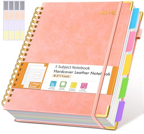 dilitego Spiral Notebook 8.5 x 11，5 Subject Notebook College Ruled with Removable Dividers，Pink