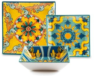 Excelsa Trinacria Tafelservice aus Keramik, quadratisch, 18-teilig, Motiv Sizilian, Gelb und Blau