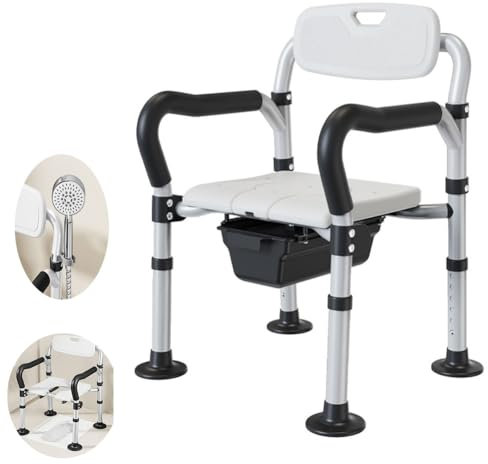 Klappbarer Toilettenstuhl mit Armlehnen, multifunktionaler Toilettenstuhl für Senioren, um 90° hochklappbare Duschbank für Schwangere und ältere Menschen bis 100 kg