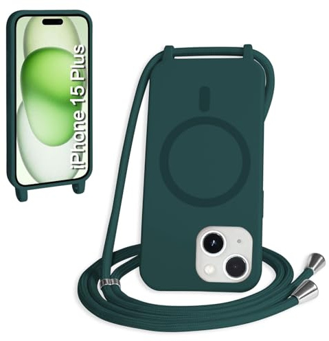 FMPCUON Magnética Funda con Cuerda para iPhone 15 Plus Compatible con Magsafe,TPU Antigolpes Protectora Silicona Case Carcasa con Ajustable Cordon Colgante Cadena,Verde