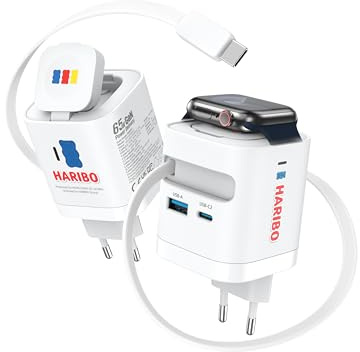 HARIBO 65W Ladegerät USB C für Apple Watch mit Einziehbarem Kabel Netzteil | 4-Port Schnellladegerät für Apple Watch Ultra/11/10/9/8/7 Serie,MacBook Pro, für iPhone 17-8/iPad, Laptop, Galaxy, Blau