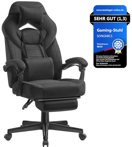 SONGMICS Gaming-Stuhl, Bürostuhl, mit Fußstütze, Tragkraft 150 kg | Computerstuhl, ergonomisches Design, verstellbares Kopfkissen, Lendenkissen, Tintenschwarz, CATHY Kollektion OBG077BH21