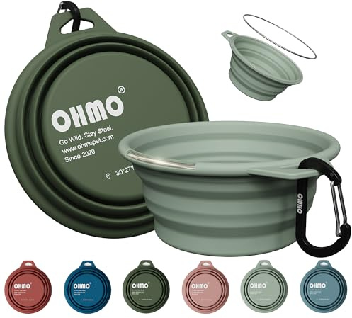 OHMO Vikbar hundvattenskål med inbyggd stålring – 2 st små 400 ml bärbar silikon husdjur matskål för vandring camping resor