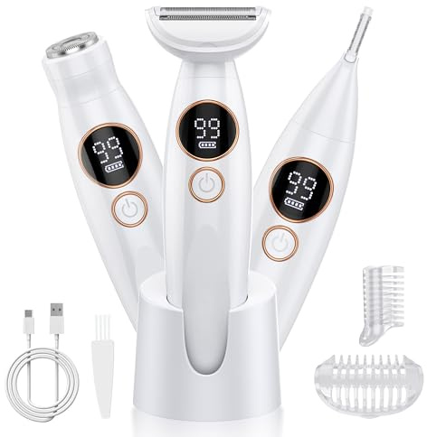 Tondeuse de bikini pour femme, rasoir électrique 3 en 1 imperméable pour femme, rasoir électrique indolore pour le visage, le corps, les jambes et les aisselles avec affichage LED de la batterie