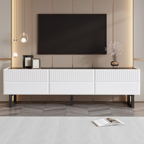 FammyLoft TV-Schrank mit DREI Schubladen, TV Lowboard für Fernseher bis zu 75 Zoll, Moderner Fernsehtisch Offenen Fächern, Sideboard, für Wohnzimmer/Esszimmer, 170 x 35x 47 cm, Schwarz-Weiß-Design