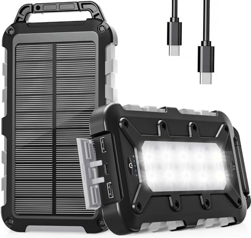 WOWMVP Cargador Solar 10000mAh, Power Bank Solar Batería Externa Portátil PD22.5W USB C Carga Rápida Impermeable 3 Salidas y 2 Entradas con Linterna LED para Moviles Tabletas Etc.