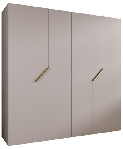 MEBLE KRYSPOL - Kleiderschrank - Garderobenschrank - 200 cm x 202 x 52 cm - Schrank mit Kleiderstange, 4 Türen - für Schlafzimmer, Flur - Andrew, Kaschmir, Griff Gold