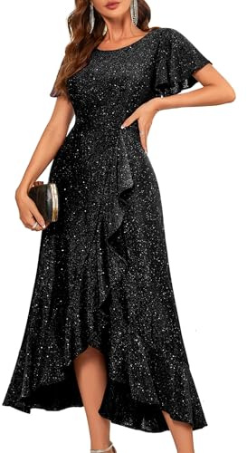 Berylove Damen Abendkleid Lang Glitzer Festlich Kleid für Hochzeit Elegant | Schicke Ballkleid mit Vokuhila Saum Flügelrüschen, Pailletten-Cocktailkleid Prom Dress passend für alle Festlichen Anlässe.
