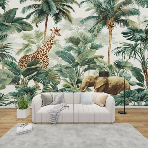 MMYAOKEN Tapete Dschungel Tiere Fototapete Giraffe Elefant Wandtapete Wohnzimmer Schlafzimmer Kinderzimmer Moderne Tapeten Vliestapete Dschungeltiere Wanddeko 300 x 210 cm (B x H)