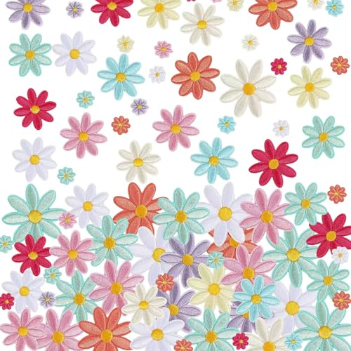 72 Pcs Daisy Iron on Patches, 4 Sizes 9 Colors Daisy Flower Appliques Patches Embroidery Sew on Patch, Mini Iron on Applique Patch for T-Shirts Pants Bags Hats Jeans Clothing Repair & Embellishment