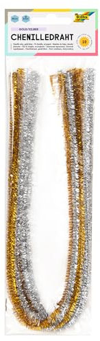 folia 77860/65 - Chenilledraht, Pfeifenputzer, 10 Stück in gold & silber sortiert, Durchmesser 8 mm und 50 cm lang, ideal für Kinder zum Basteln und Gestalten von Tieren, Figuren und anderen Formen