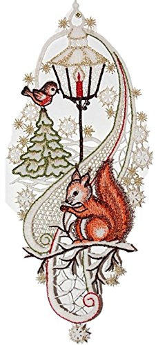 Unbekannt Fensterbild Spitze 15x36 cm + Saugnapf Plauener Stickerei Winter Eichhörnchen Weihnachtsbild Fensterdekoration