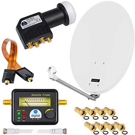 HD Digital SAT Anlage 60cm Spiegel Schüssel Hellgrau ALU Aluminium + Quad LNB Schwarz 4 Teilnehmer zum Empfang von DVB-S/S2 Full HD Ultra HD UHD Signale + Sat-Finder + Fensterdurchführung + F-Stecker