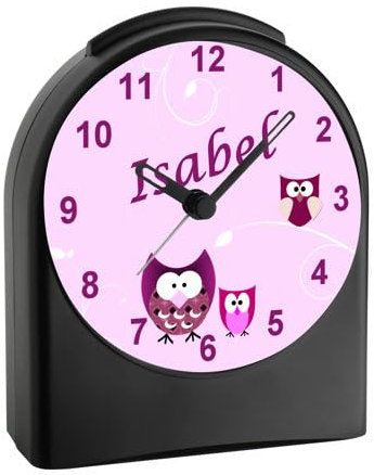 CreaDesign, WU-50-1007-02, Eule Farbe Rosa, analog Kinderwecker schwarz, Funkwecker ohne Ticken, mit Licht, personalisiert mit Namen, 9,6 x 5,5 x 11,9 cm, 104 g