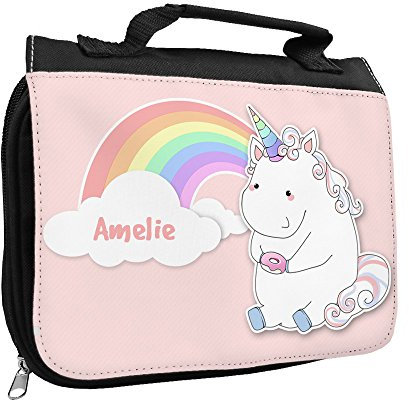Kulturbeutel mit Namen Amelie und süßem Motiv mit Einhorn mit Donut und Regenbogen für Mädchen | Kulturtasche mit Vornamen | Waschtasche für Kinder