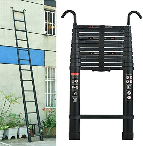 Telescopic Ladder with Hooks 5M/16.4Ft, Aluminium Telescoping Extension Step Ladder Portable Folding Multi-Purpose Compact Tall Straight Ladder with Spring Load Locking Mechanism Non-Slip