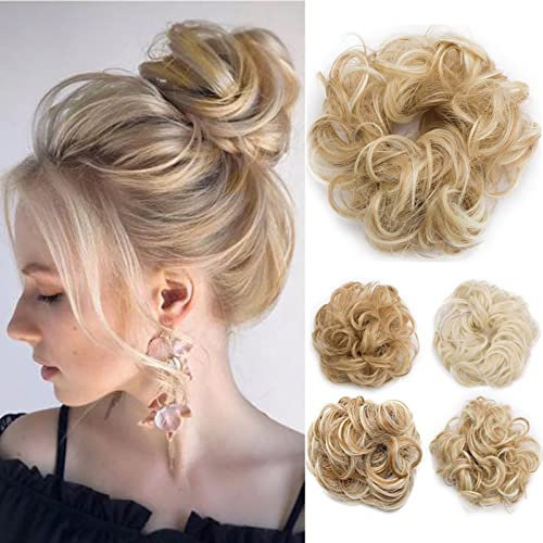 TESS Haarteil Dutt Blond mix Haargummi mit Haaren Gewellt Kleine Haarknoten Hochsteckfrisuren günstig Haarverlängerung Extensions für Frauen 30g Ombre Hellgoldblond/Blond