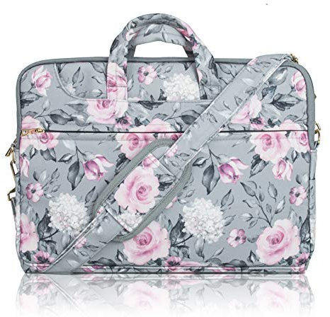 TAYLORHE 13-14 inch Poly Canvas Laptop/Chromebook/Macbook Shoulder Bag with Patterns, Side Pockets Handles and Detachable Strap Elegant Floral Roses