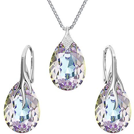 Ohrringe Silber 925 Hängend - Kette Damen mit Anhänger - Schmuck Set für Sie - mit Kristallen - Halskette Damen Silber 925 - elegante Ohrringe Hängend - Silber Kette - Birnenform (Vitrail Hell)