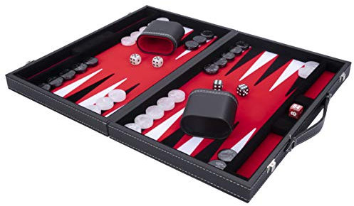 Engelhart - 250507 - Luxus Backgammon - Rot - 38 cm - 15 Zoll - Kunstleder - Filzeinlage - Perlmutt-Würfel und Spielsteine + 2 Becher - Strategie - Backgammon-Spiel
