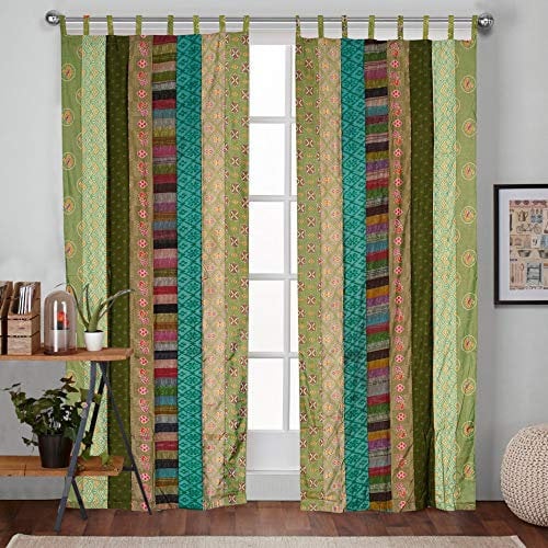 2 Pcs Set Indian Vintage Old Silk Sari Fabric Patchwork Handmade Door Window Rod Pocket Home Decor Panel Curtain Set (Green Strip Patch, 84x42 Each Panel)