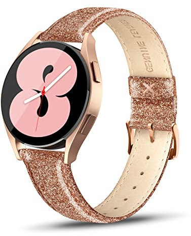 Tuocal Kompatibel für Samsung Galaxy Watch 7 Armband Leder/Galaxy Watch 6 40mm 44mm / Watch 6 Classic/Watch 5/5 Pro, 20mm Leder Ersatzarmband für Galaxy Watch 4/Watch 4 Classic Damen, Glitzer Roségold