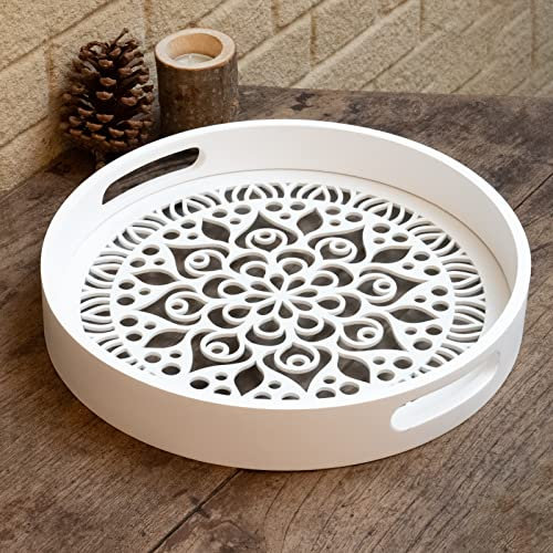 LINKOVE 12 Decorative Tray, Round Wood Tray for Home Decor, Small Wooden Serving Tray with Handles for Coffee Table Decor Centerpiece Ottoman Counter,White Circle Candle Perfume Tray Decor