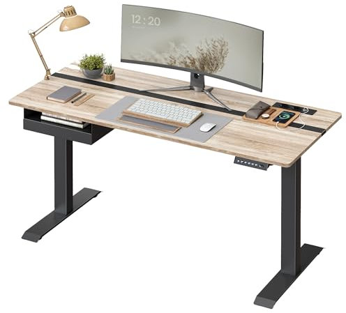 VASAGLE Höhenverstellbarer Schreibtisch elektrisch, 140 x 60 cm Tischoberfläche, Memory-Funktion mit 4 Höhen, mit Steckdosen und Stoffschublade, Greige meliert-tintenschwarz LSD114H01
