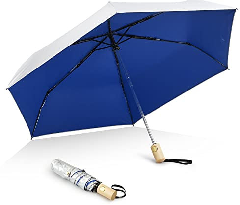 G4Free Sombrilla de viaje con protección UV UPF 50+ con mango de madera, paraguas plegable ligero de 42 pulgadas, para sol y lluvia, cierre automático (azul)