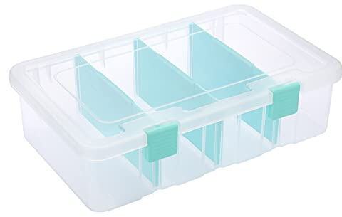 BTSKY Clear Plastic Dividing Storage Box with 4 Compartments Adjustable Storage Bin with Lid Plastic Craft Storage Container Multipurpose Sewing Box Art Supply Organizer, 13.3x8.1x3.4 Inches