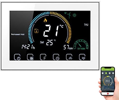 Ailgely Intelligenter Wi-Fi-Thermostat, Programmierbarer 5+1+1 Sechs Perioden, Sprach-APP-Steuerung, Thermoregulator für Wasser-/Gasboilerheizung, mit UV-Index-Feuchtigkeitsanzeige-Sperrfunktion