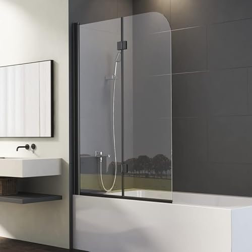Duschwand für Badewanne 2-teilig 110x140cm Mattes Schwarz Doppelfaltflügeltür Duschtrennwand mit 6mm Nano Glas, Trennwand Faltbar Badewannenwand Sicherheitsglas Badewannenaufsatz Dusche