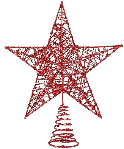 VEYLIN Christmas Tree Topper, Red Glittered Hollow Christmas Tree Topper Star for Christmas Tree Ornament (Red)