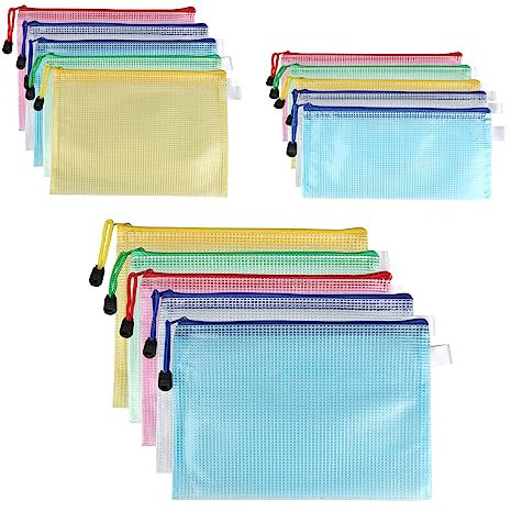15 Stück Dokumententasche A4+A5+A6, Bunte Beutel mit Reißverschluss in 3 Größen 5 Farben Mesh Beutel, Durchsichtig Wasserdichte Dokumentenmappe a5 für Bürobedarf Hausaufgaben