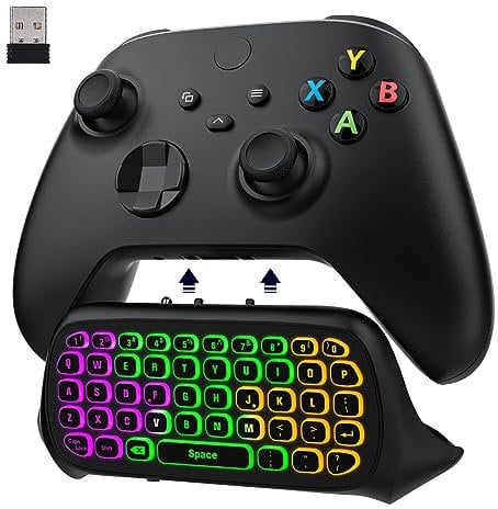 Moko Teclado Inalámbrico con RGB Retroiluminación Colorida para Controlador Xbox One/One S/Series S/Series X/Elite/Elite 2, Mini Teclado de Xbox con Receptor 2,4G y Conector de Audio 3,5mm, Negro