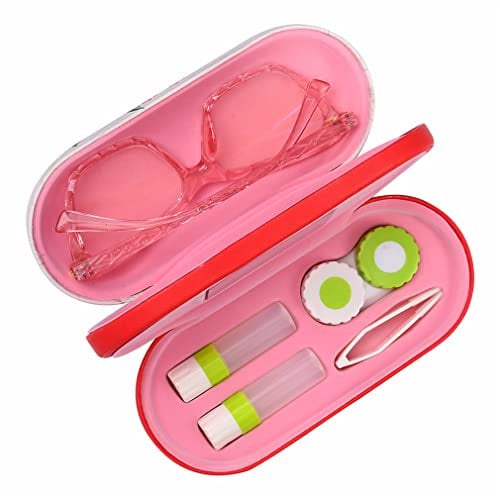 RURUOGUK Contact Lens Case, 2 in 1 Double Sided Glasses Case with Built-in Mirror, Tweezer and Contact Solution Bottle, Portable Contact Lens Storage Box for Travel (Red)