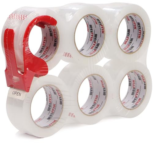 WELSTIK 6 Pack 50MM x 100M Heavy Duty Clear Packaging Tape with Free Dispenser, Industrial Shipping Box Transparent Packing Tape for Moving, Office, Home