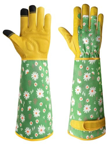 Velway Lange Gartenhandschuhe für Frauen - Dornensicher & Rosenbeschnitt Unterarm Schutz Gartenhandschuhe - Atmungsaktive Leder Lange Gartenhandschuhe Geschenke Groß