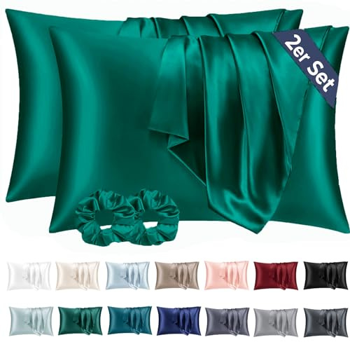 Vielit Satin Kissenbezug 40x80 2pc, wie ein Seidenkissenbezug Grün | Satin Pillowcase Hotelverschluss mit 2 Scrunchies, Glatt wie Silk Pillowcase, Gut für Haar und Haut,Öko-Zertifikat, Geschenk
