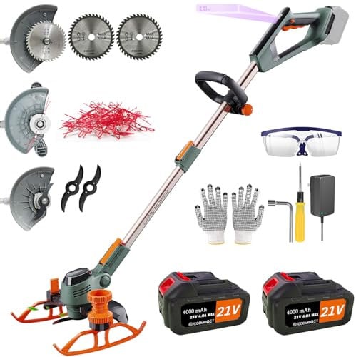 Rasentrimmer mit Akku (21V 2x4.0AH Akku und Ladegerät, Hilfsgleitrad, 90° Drehkopf, Teleslopstiel, Includes 2X Sägeblätter, 2X Metallmesser, 20x Trimmerfaden) freischneider akku