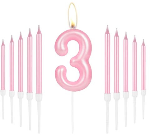 Happy 3rd Birthday Pink Long Stick Number 3 Candles for Cake, Cupcake Toppers for Girl Baby Birthday Party & Wedding Anniversary Decorations