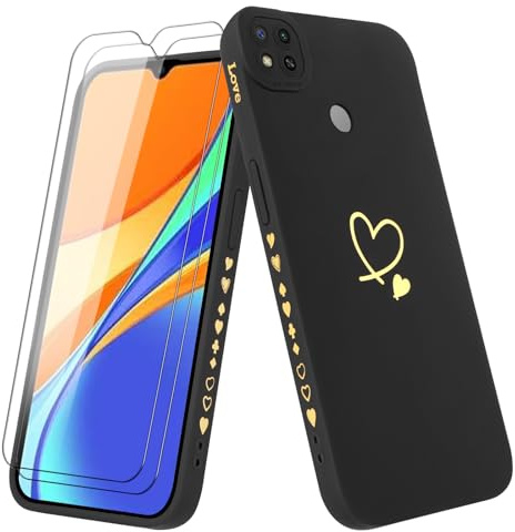 Vauki Coque pour Xiaomi Redmi 9C/Redmi 9C NFC avec 2 Verre Trempé, Etui Fille avec Or Motif Coeur Souple TPU Silicone Antichoc Anti-Rayures Housse Compatible avec Xiaomi Redmi 9C/Redmi 9C NFC, Noir