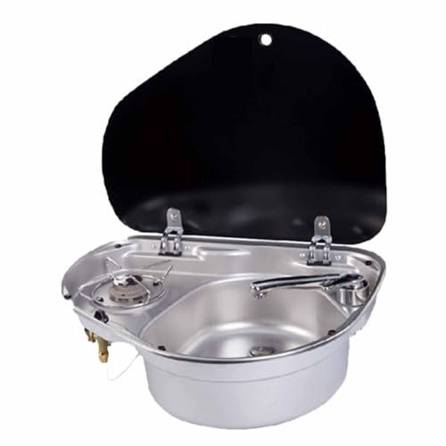 WENNEWU Combo Piano Cottura E Lavello, Rubinetto Pieghevole, Lavello da Incasso A Vasca Singola in Acciaio Inossidabile con Coperchio in Vetro, per Camper, Roulotte, Camper,Argento