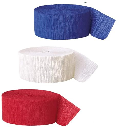 Crepe Paper Streamers 3 Rolls, Pack of Royal Blue, Red, White Streamers for USA 4th of July Decorations, Independence Day Party Decorations