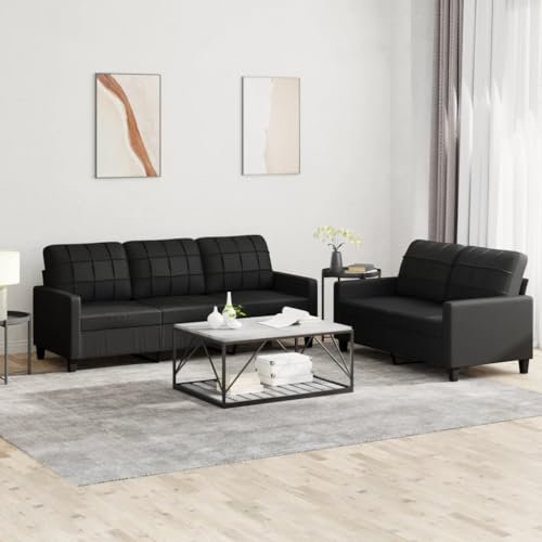 ARKEM 2-TLG. Sofagarnitur mit Kissen Schwarz Kunstleder Kleine Couch Recamiere Mit Schlaffunktion