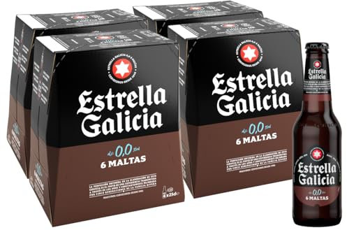 Estrella Galicia 0,0 6 Maltas - Cerveza Lager sin Alcohol, Pack de 4 x 6 Botellas de 25 cl, Sabor Intenso y Equilibrado, Aroma a Maltas Tostadas, Caramelo y Café, 0% Volumen de Alcohol