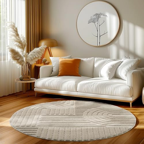 HomebyHome Kurzflor Teppich 200 cm Rund Beige - Hoch-Tief 3D Effekt Waschbar, Flauschig und Extra Weich - Skandinavisch Boho Muster für Wohnzimmer, Schlafzimmer, Esszimmer und Küche