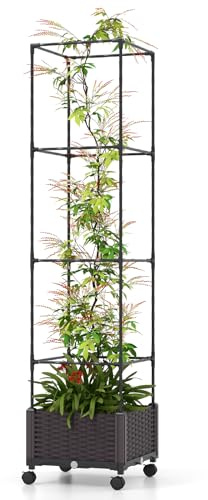 GOPLUS Rankhilfe mit Blumenkasten, Tomatentopf mit Spalier, Pflanzenturm mit 4 Verstellbarer Höhe & Wasserspeicher, Tomatenturm aus Metall & PP, Tomatenkäfig Pflanzkasten mit Rollen, 40 x 40 x 170 cm