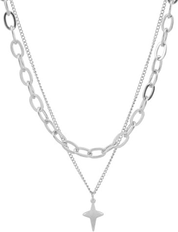 FUSHENGTER Halskette Damen Ketten Anhänger Frauen Doppellagige Retro-Halskette Mit Sternenlicht Für Damen Und Herren Mit Kleiner Halskette Im Hip-Hop-Stil, 40 + 7 Cm/43 + 6 Cm